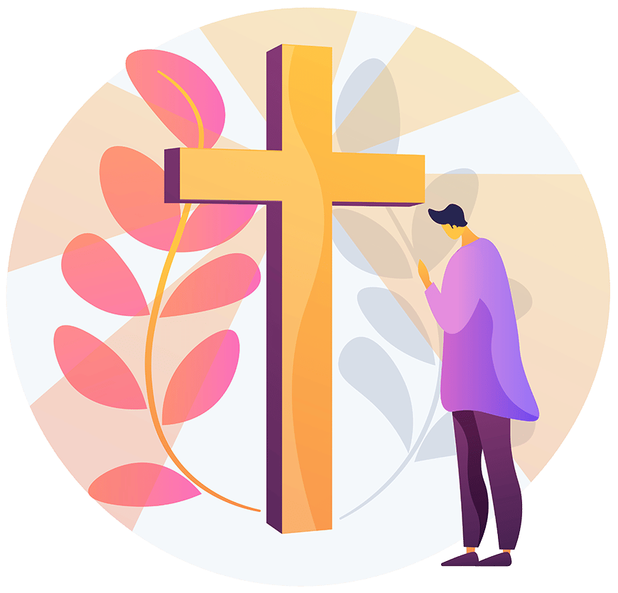 persona rezando ante la cruz de la iglesia cristiana y católica